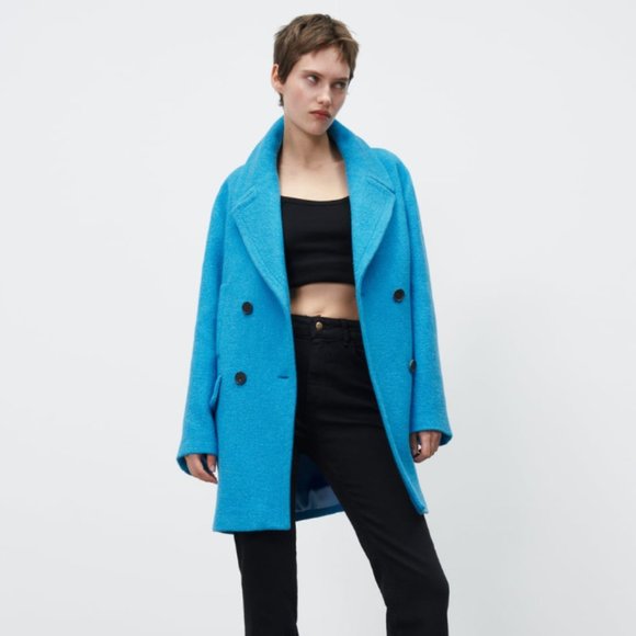 ZARA WOMEN NEW OVERSIZED DOUBLE-BREASTED COAT WOOL BLEND TURQUOISE SIZE M 2… - Picture 10 of 10
